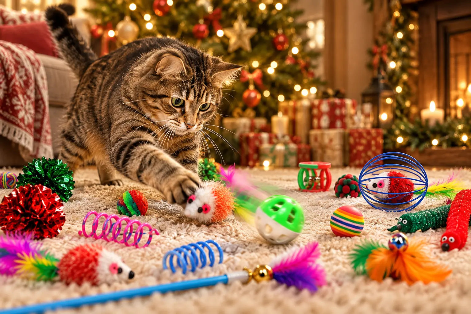 Cat playing near the festive toy calendar
