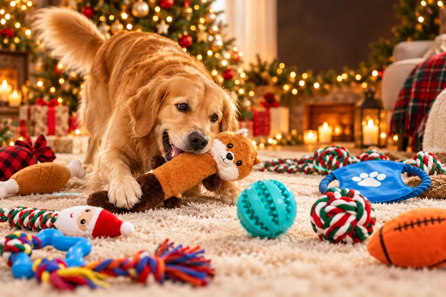 Dog playing with toys beside the festive calendar